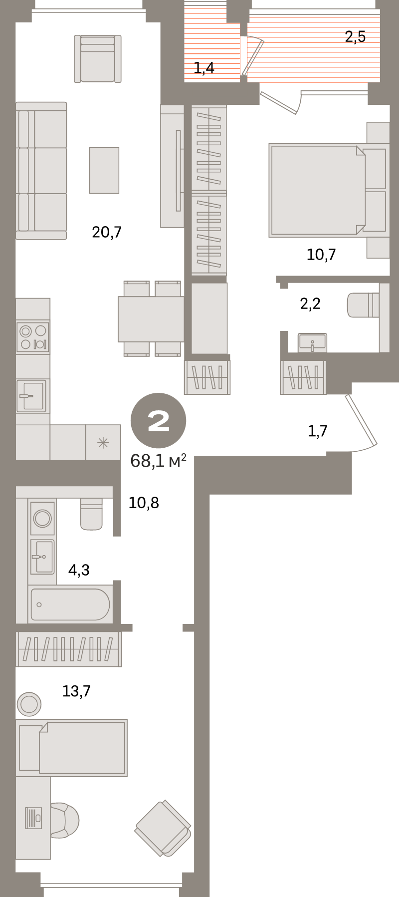 3-комнатная (Евро) квартира, 68.1 м² в ЖК "Северный ветер" - планировка, фото №1