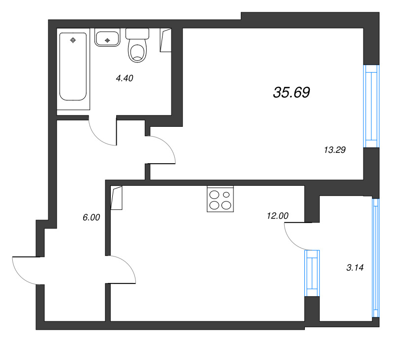 1-комнатная квартира, 35.69 м² в ЖК "Любоград" - планировка, фото №1