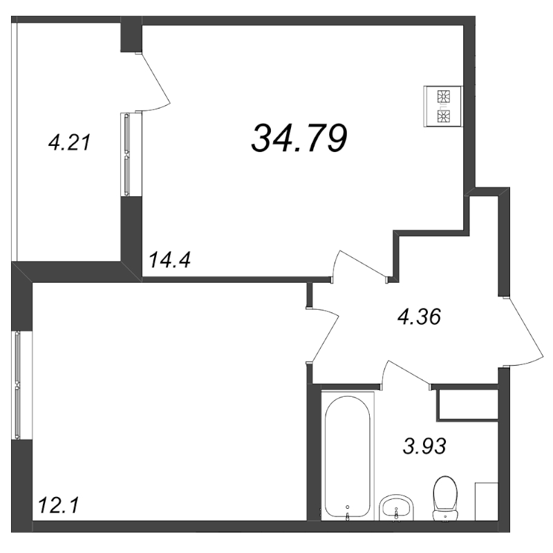 1-комнатная квартира, 34.79 м² - планировка, фото №1