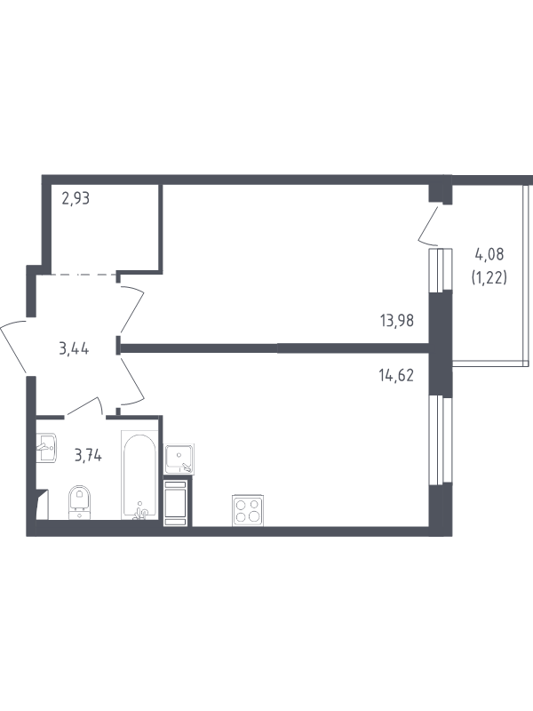 1-комнатная квартира, 39.93 м² - планировка, фото №1