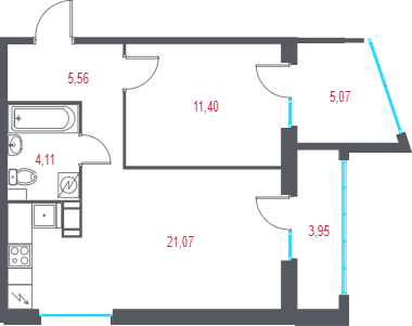 2-комнатная (Евро) квартира, 44.85 м² - планировка, фото №1