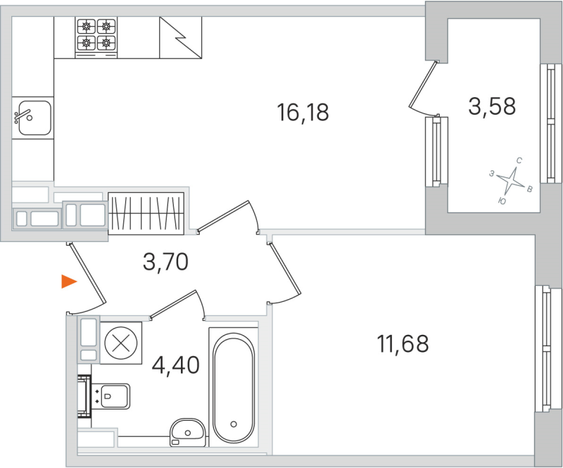 2-комнатная (Евро) квартира, 35.96 м² в ЖК "Дубровский" - планировка, фото №1