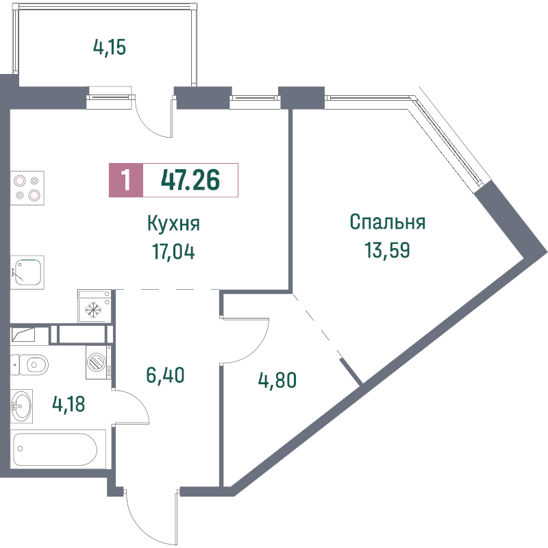 2-комнатная (Евро) квартира, 47.26 м² - планировка, фото №1