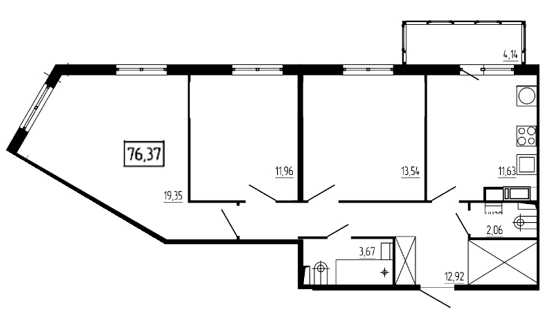 3-комнатная квартира, 76.37 м² в ЖК "All Inclusive" - планировка, фото №1