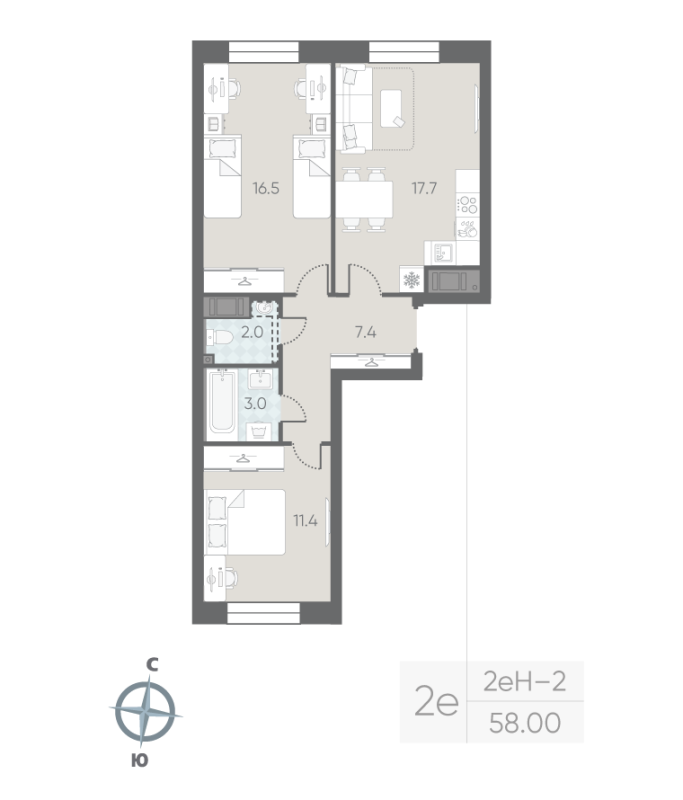 3-комнатная (Евро) квартира, 58 м² - планировка, фото №1
