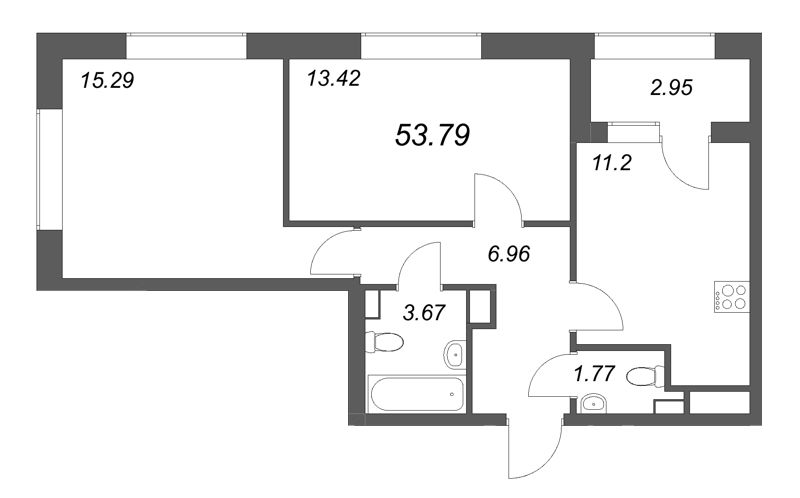 2-комнатная квартира, 53.79 м² в ЖК "Аурум" - планировка, фото №1