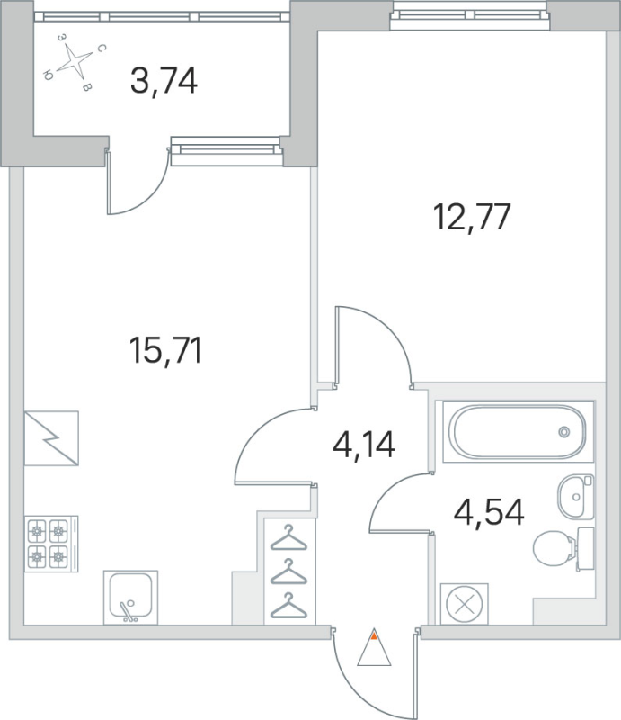 2-комнатная (Евро) квартира, 37.16 м² в ЖК "ЮгТаун" - планировка, фото №1