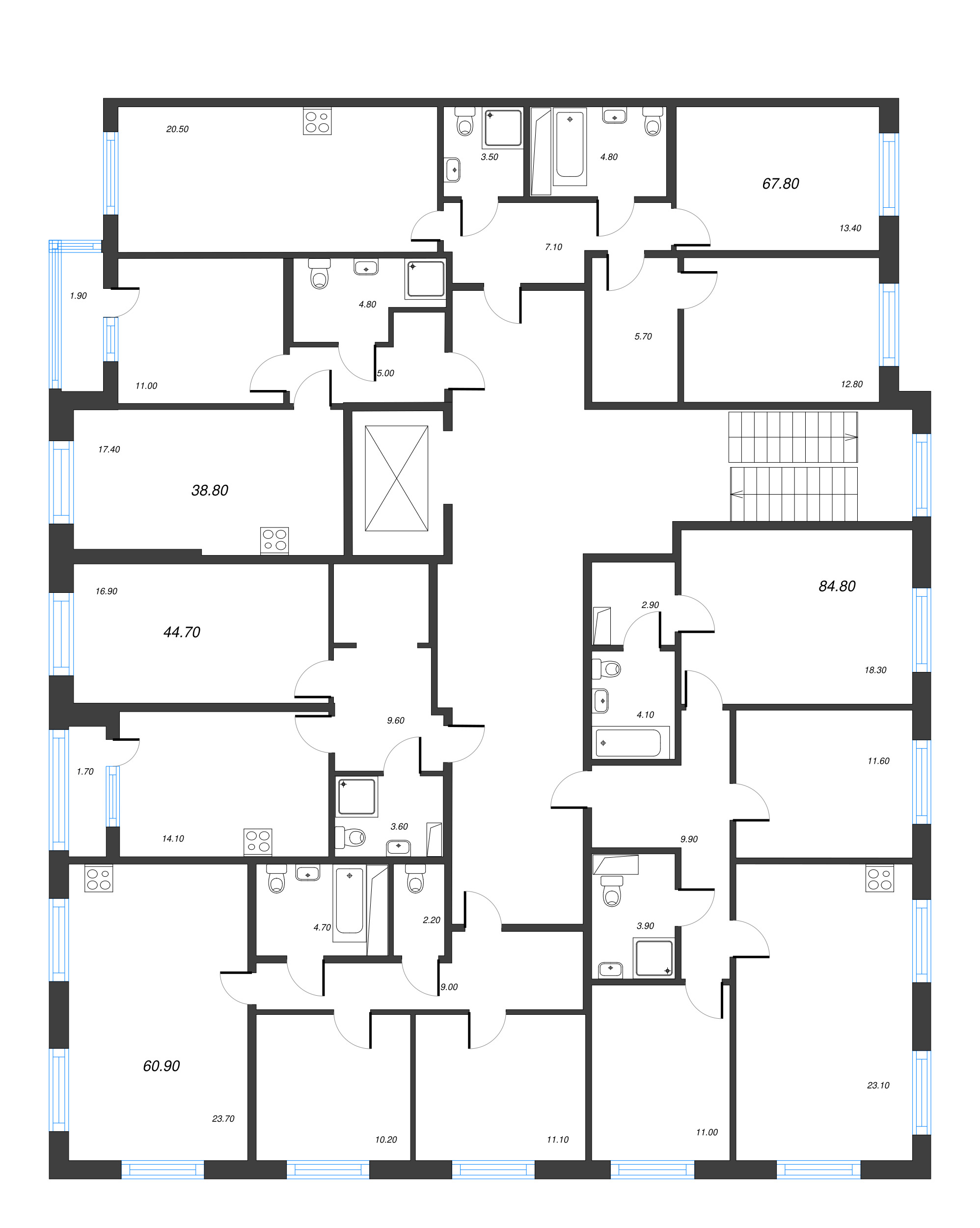 1-комнатная квартира, 44.7 м² в ЖК "Парусная 1" - планировка этажа