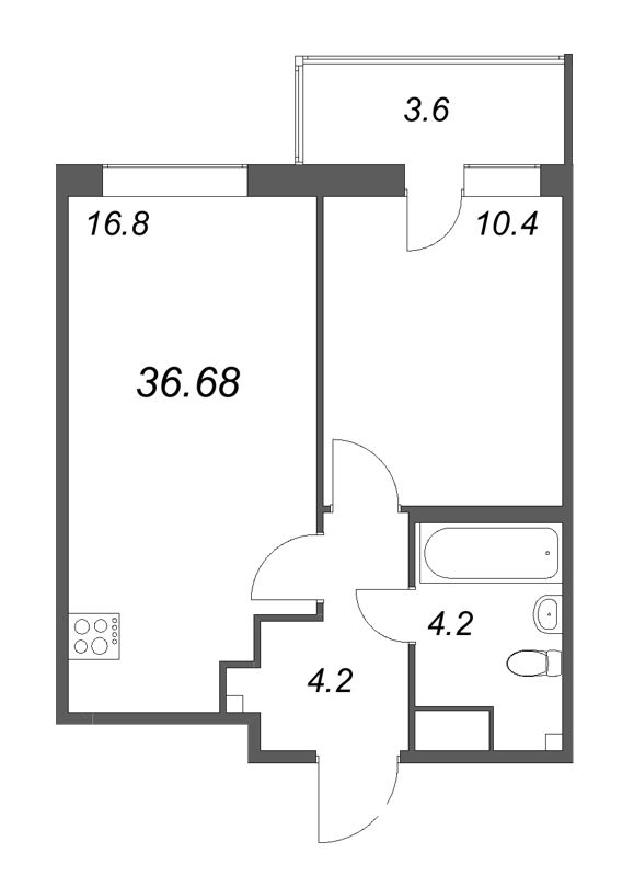 2-комнатная (Евро) квартира, 36.68 м² - планировка, фото №1