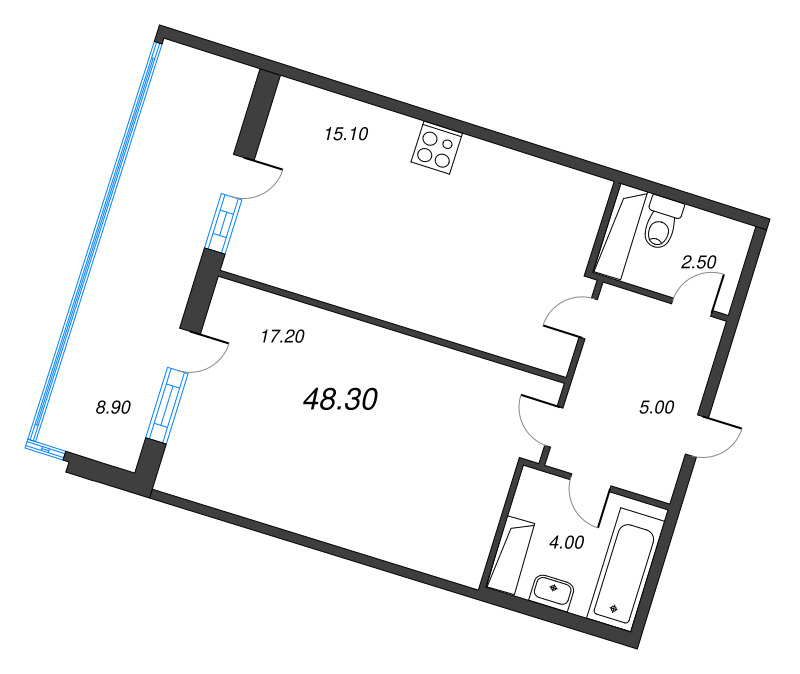 1-комнатная квартира, 48.3 м² - планировка, фото №1