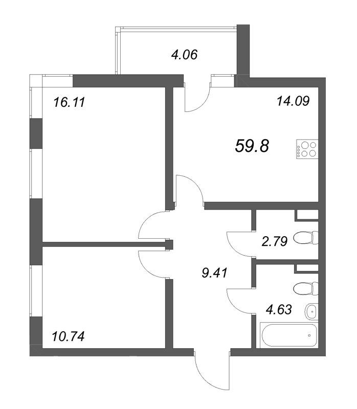 2-комнатная квартира, 59.8 м² - планировка, фото №1