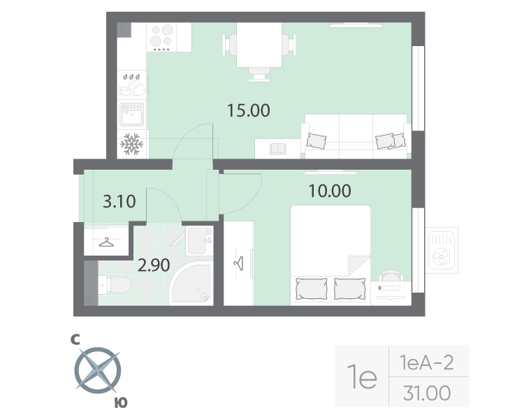 2-комнатная (Евро) квартира, 31 м² в ЖК "Ручьи" - планировка, фото №1