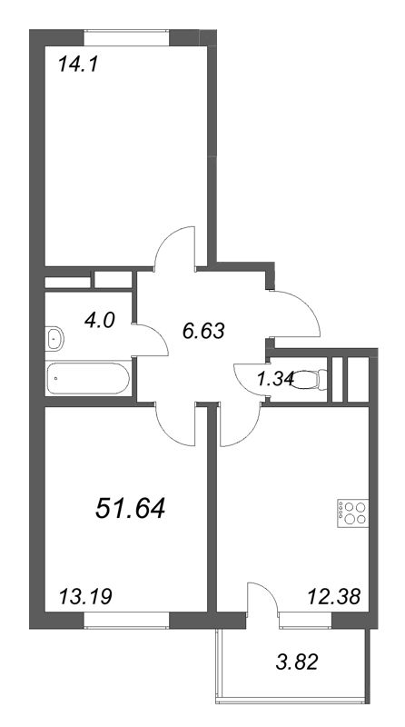 2-комнатная квартира, 51.64 м² в ЖК "ЮгТаун" - планировка, фото №1