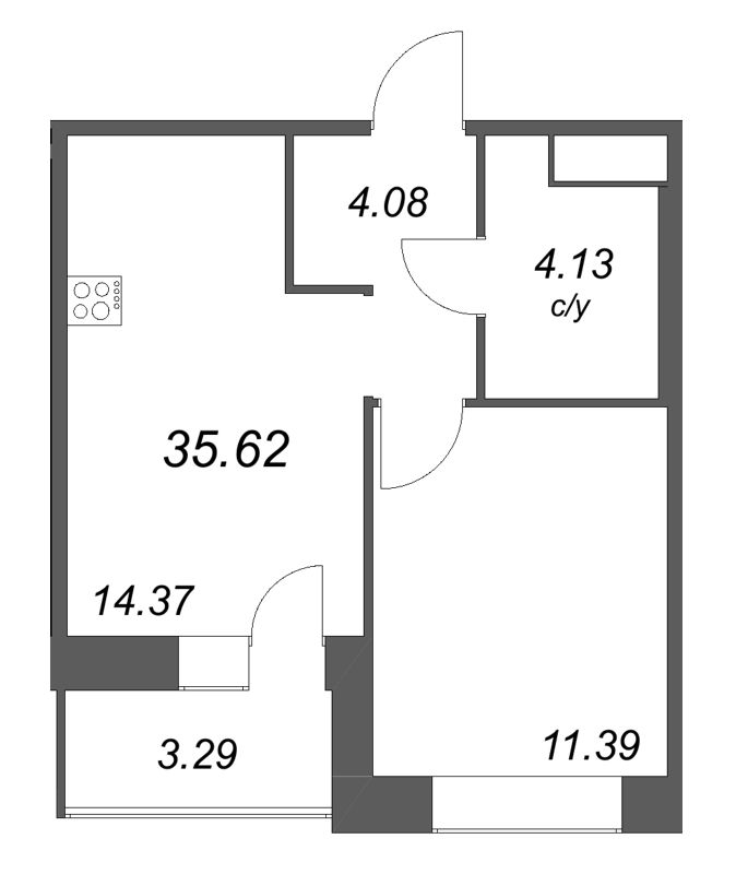 1-комнатная квартира, 35.62 м² в ЖК "Уютный" - планировка, фото №1
