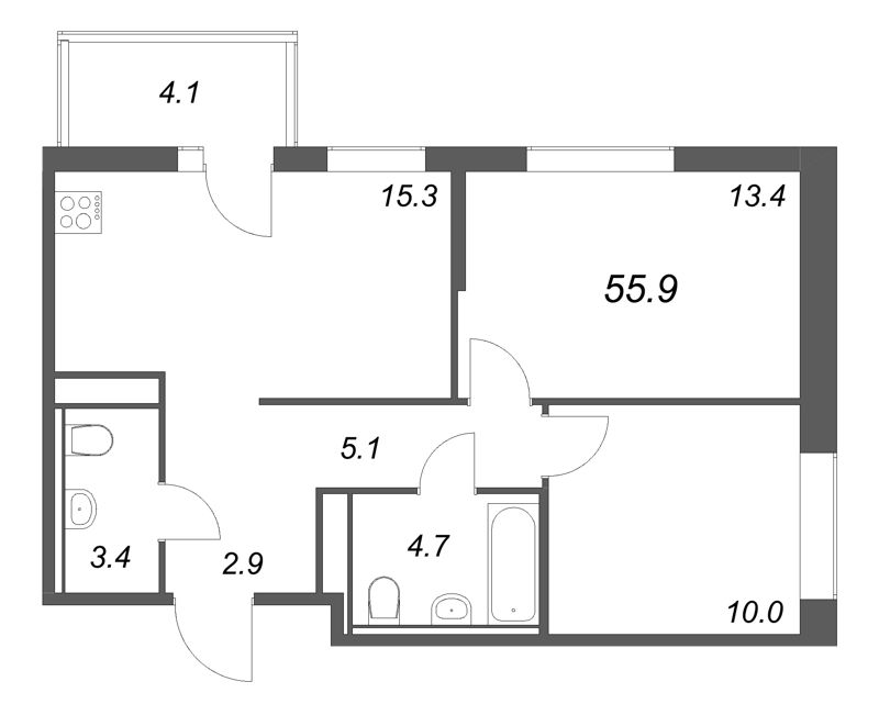 3-комнатная (Евро) квартира, 55.9 м² в ЖК "Янила Форест" - планировка, фото №1