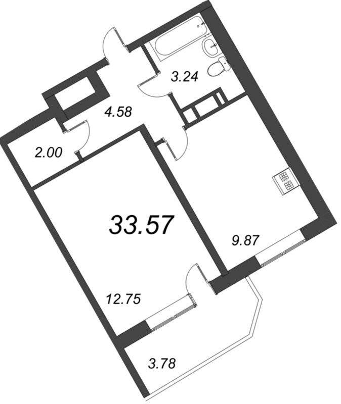 1-комнатная квартира, 33.57 м² - планировка, фото №1