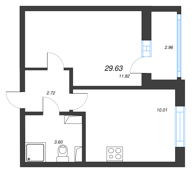 1-комнатная квартира, 29.63 м² - планировка, фото №1