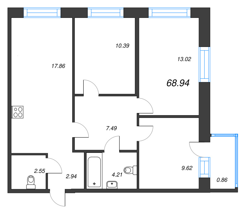 3-комнатная квартира, 68.94 м² в ЖК "Капральский берег" - планировка, фото №1