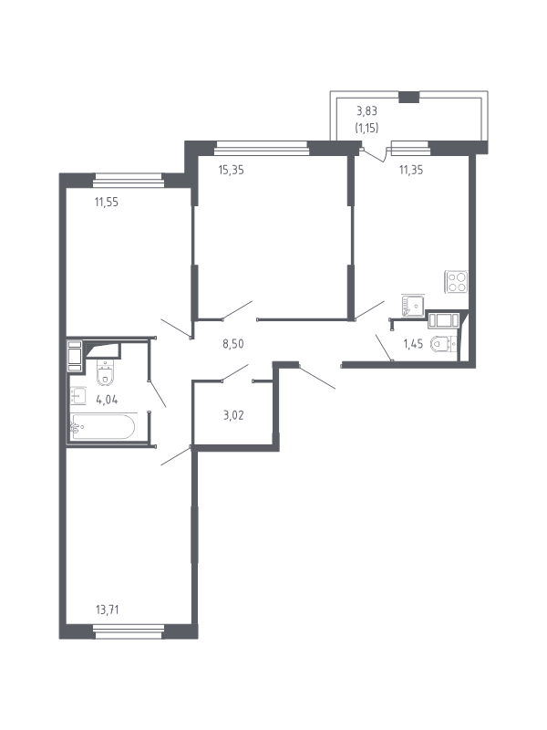 3-комнатная квартира, 70.12 м² - планировка, фото №1