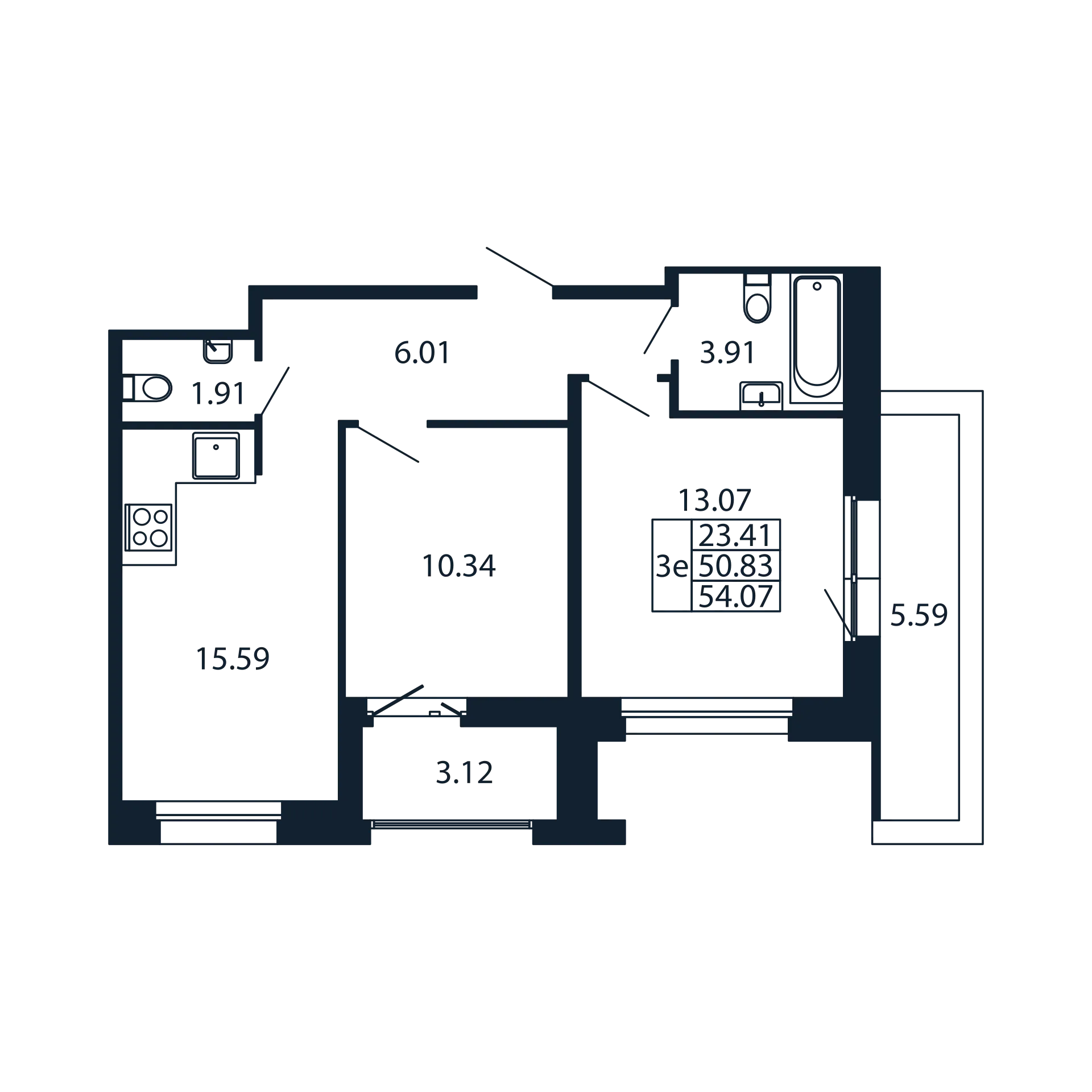 3-комнатная (Евро) квартира, 50.83 м² - планировка, фото №1