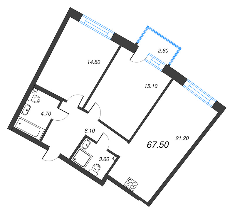 3-комнатная (Евро) квартира, 67.5 м² в ЖК "Цвет Зеленогорска" - планировка, фото №1