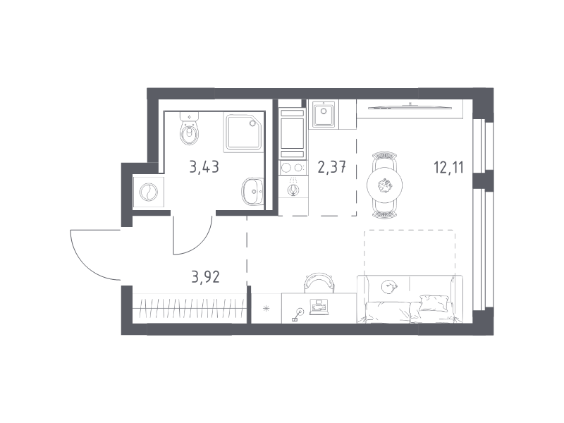 Квартира-студия, 21.83 м² - планировка, фото №1