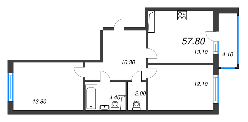 2-комнатная квартира, 57.8 м² в ЖК "Монография" - планировка, фото №1