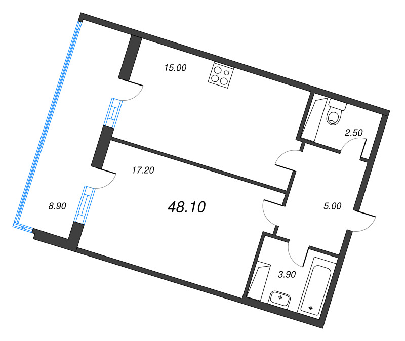 1-комнатная квартира, 48.1 м² - планировка, фото №1
