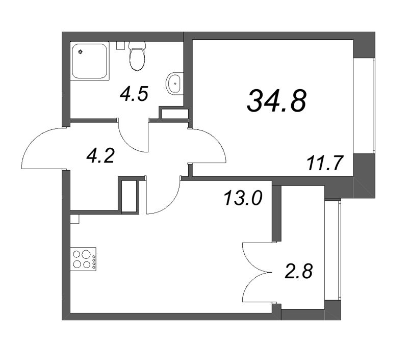 1-комнатная квартира, 34.8 м² - планировка, фото №1