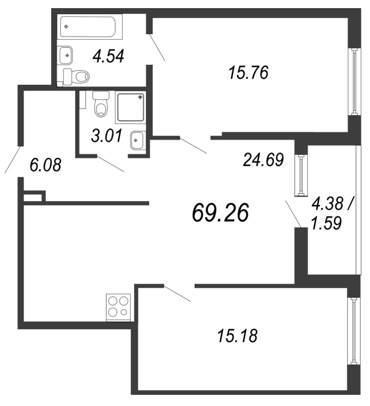 3-комнатная (Евро) квартира, 73.64 м² в ЖК "Чёрная речка" - планировка, фото №1