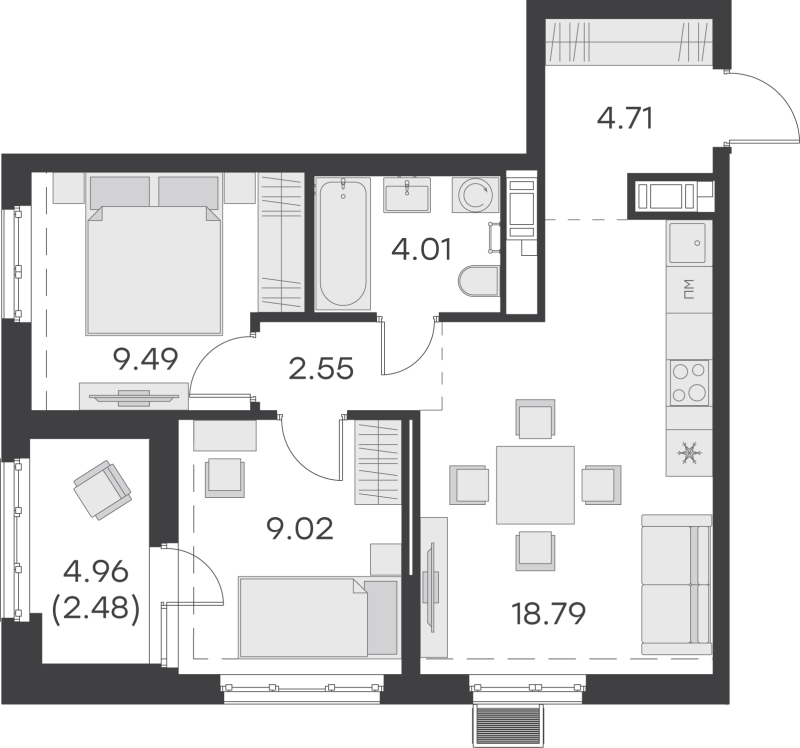 3-комнатная (Евро) квартира, 51.05 м² - планировка, фото №1