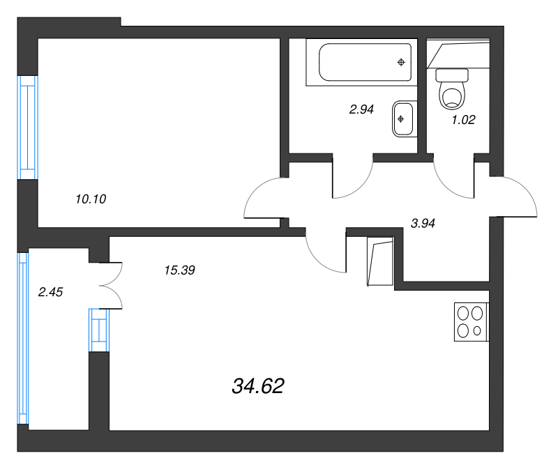 2-комнатная (Евро) квартира, 34.62 м² - планировка, фото №1