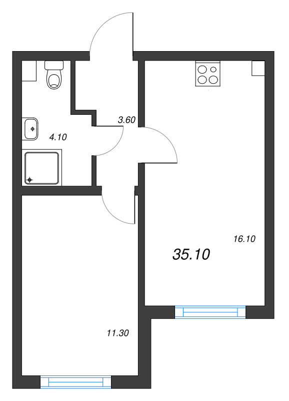 1-комнатная квартира, 35.1 м² в ЖК "Ручьи" - планировка, фото №1