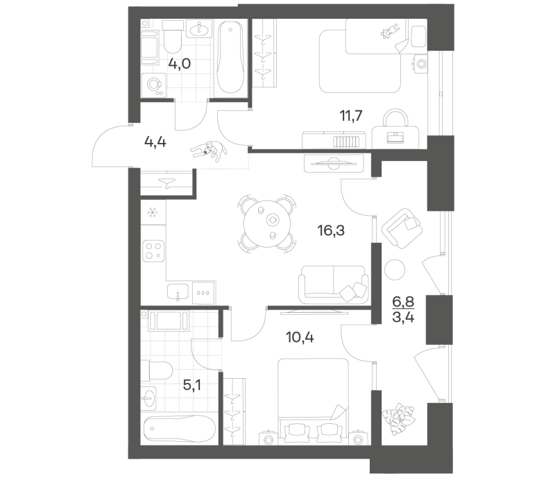 3-комнатная (Евро) квартира, 55.41 м² в ЖК "Новый Питер" - планировка, фото №1