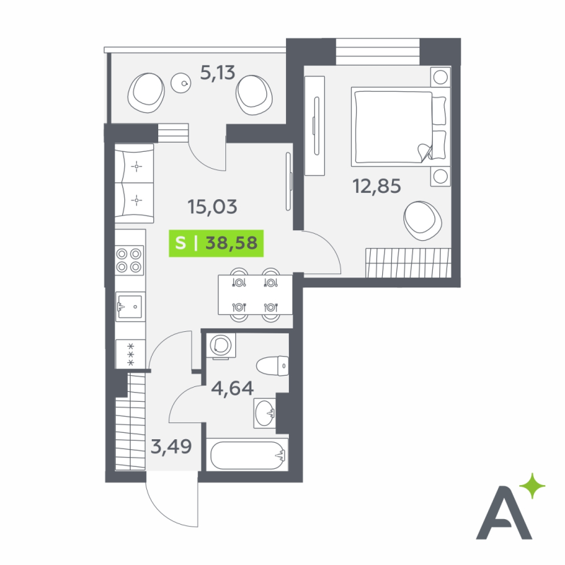 2-комнатная (Евро) квартира, 38.58 м² в ЖК "Аквилон Верба" - планировка, фото №1