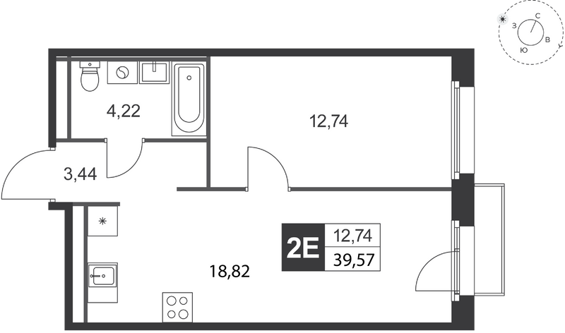 2-комнатная квартира, 39.57 м² в ЖК "Слобода" - планировка, фото №1