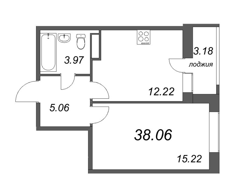 1-комнатная квартира, 38.06 м² - планировка, фото №1