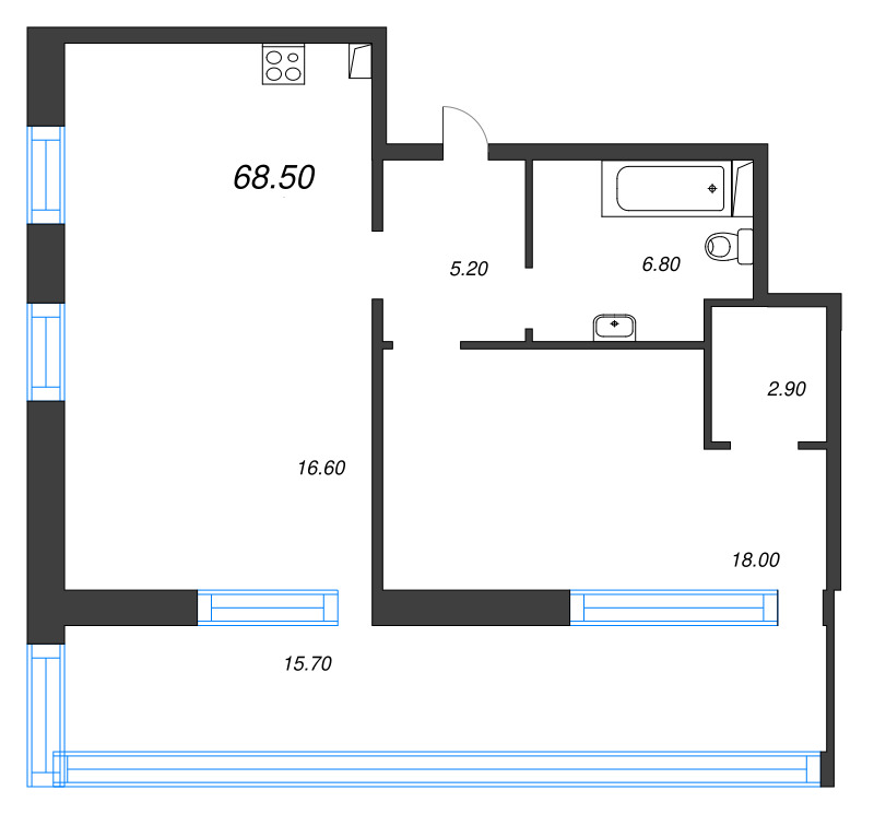 2-комнатная (Евро) квартира, 68.5 м² в ЖК "ЛДМ" - планировка, фото №1