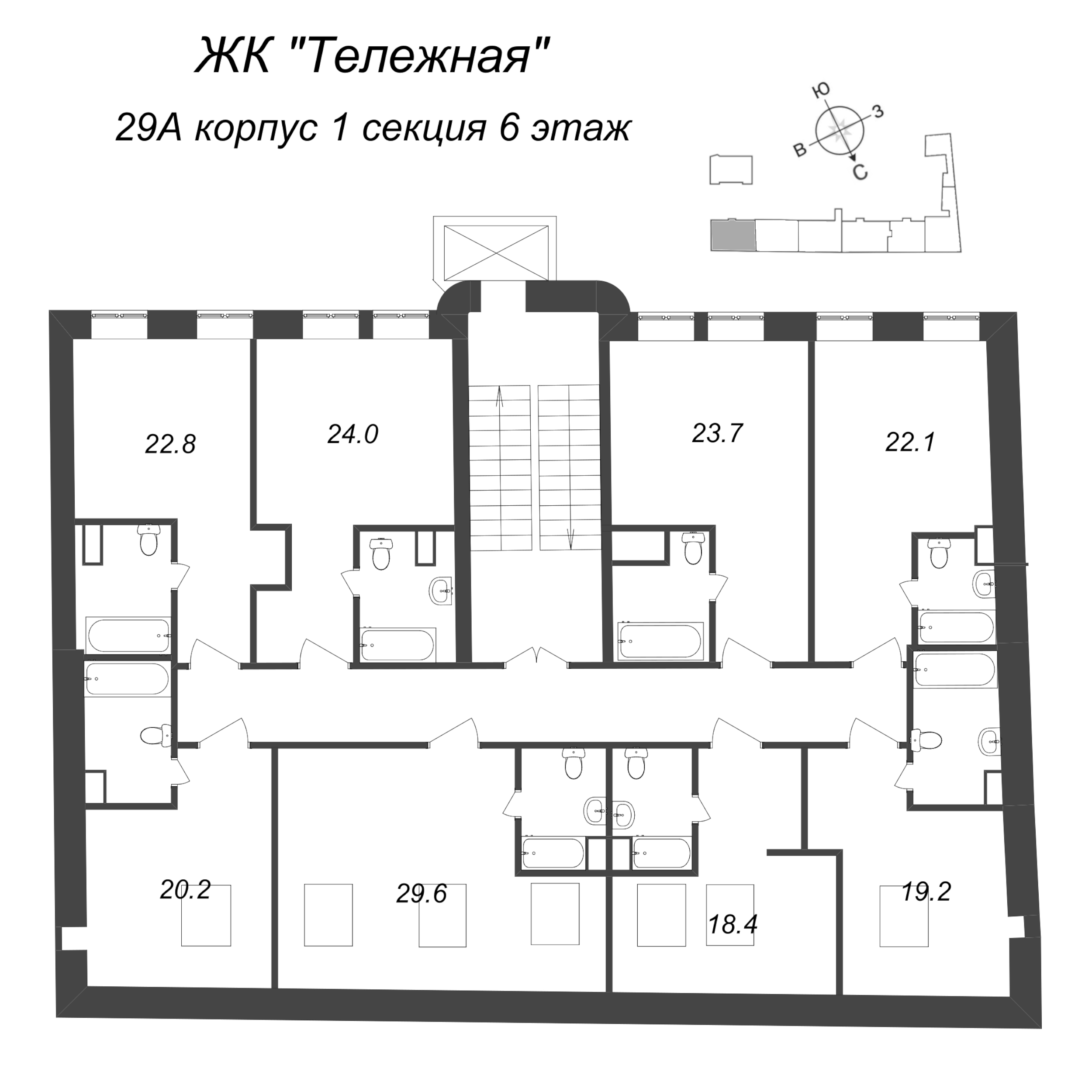 Квартира-студия, 35.1 м² в ЖК "Тележная 21-29" - планировка этажа