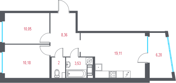 3-комнатная (Евро) квартира, 55.09 м² в ЖК "Город-спутник Южный" - планировка, фото №1