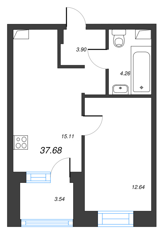 2-комнатная (Евро) квартира, 37.68 м² в ЖК "Тишин" - планировка, фото №1