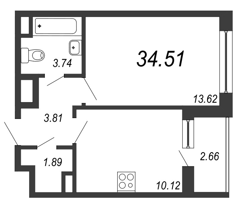 1-комнатная квартира, 34.4 м² в ЖК "NEW TIME" - планировка, фото №1