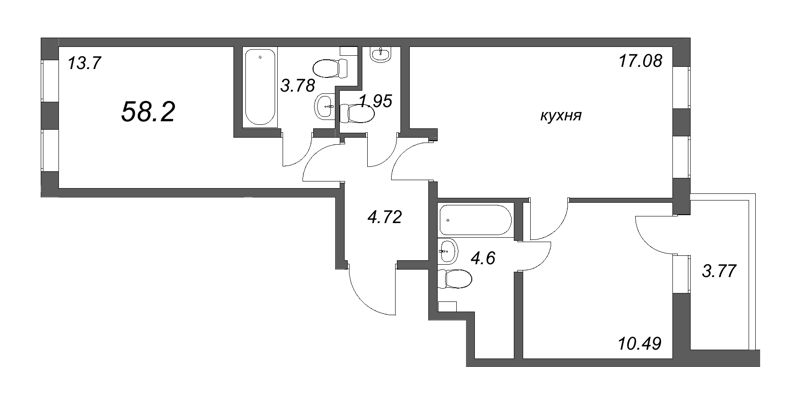 3-комнатная (Евро) квартира, 58.2 м² в ЖК "AEROCITY Club" - планировка, фото №1