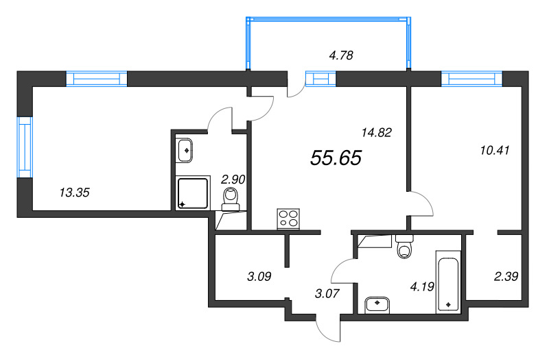 2-комнатная квартира, 55.65 м² в ЖК "OKLA" - планировка, фото №1
