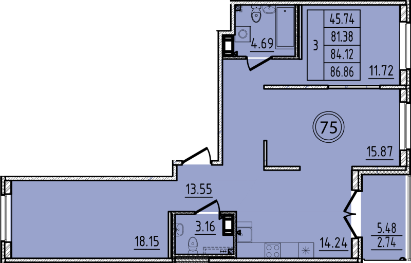 3-комнатная квартира, 81.38 м² - планировка, фото №1