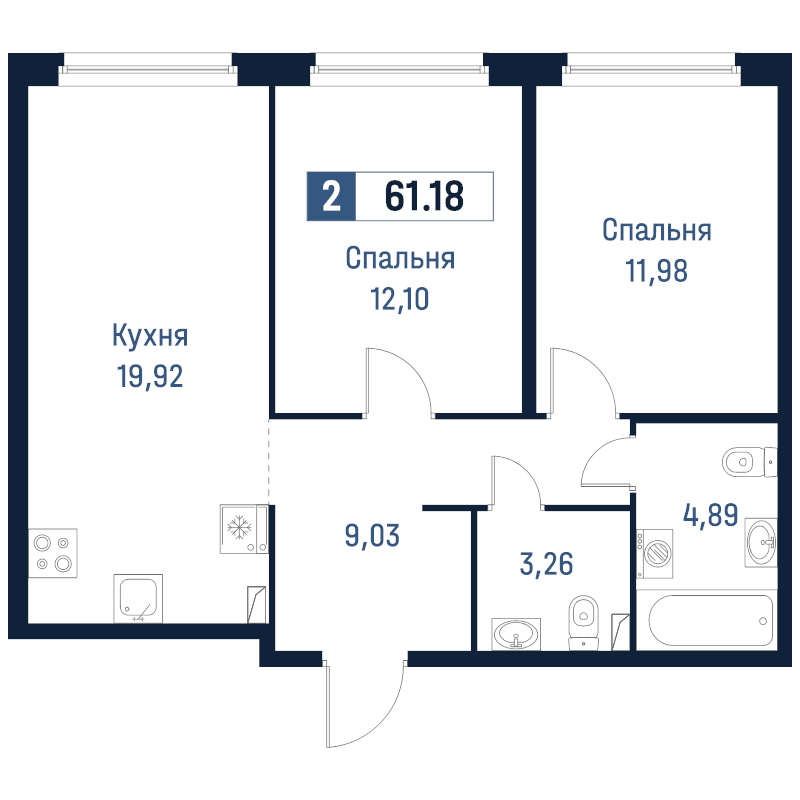 3-комнатная (Евро) квартира, 61.18 м² в ЖК "Максималист" - планировка, фото №1