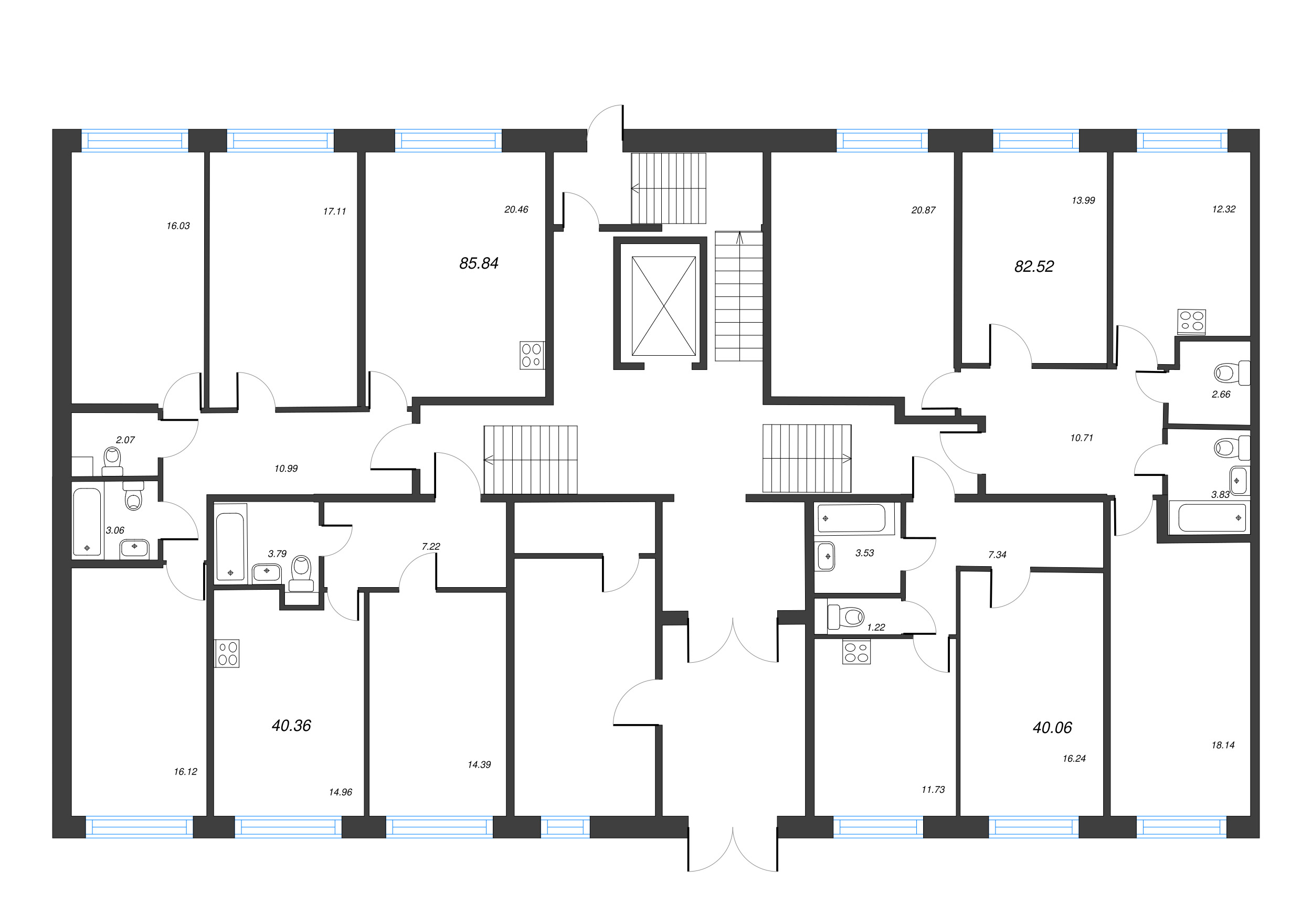 4-комнатная (Евро) квартира, 85.84 м² - планировка этажа