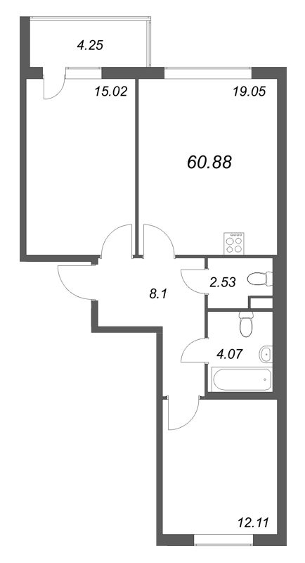 3-комнатная (Евро) квартира, 60.88 м² в ЖК "Ясно.Янино" - планировка, фото №1