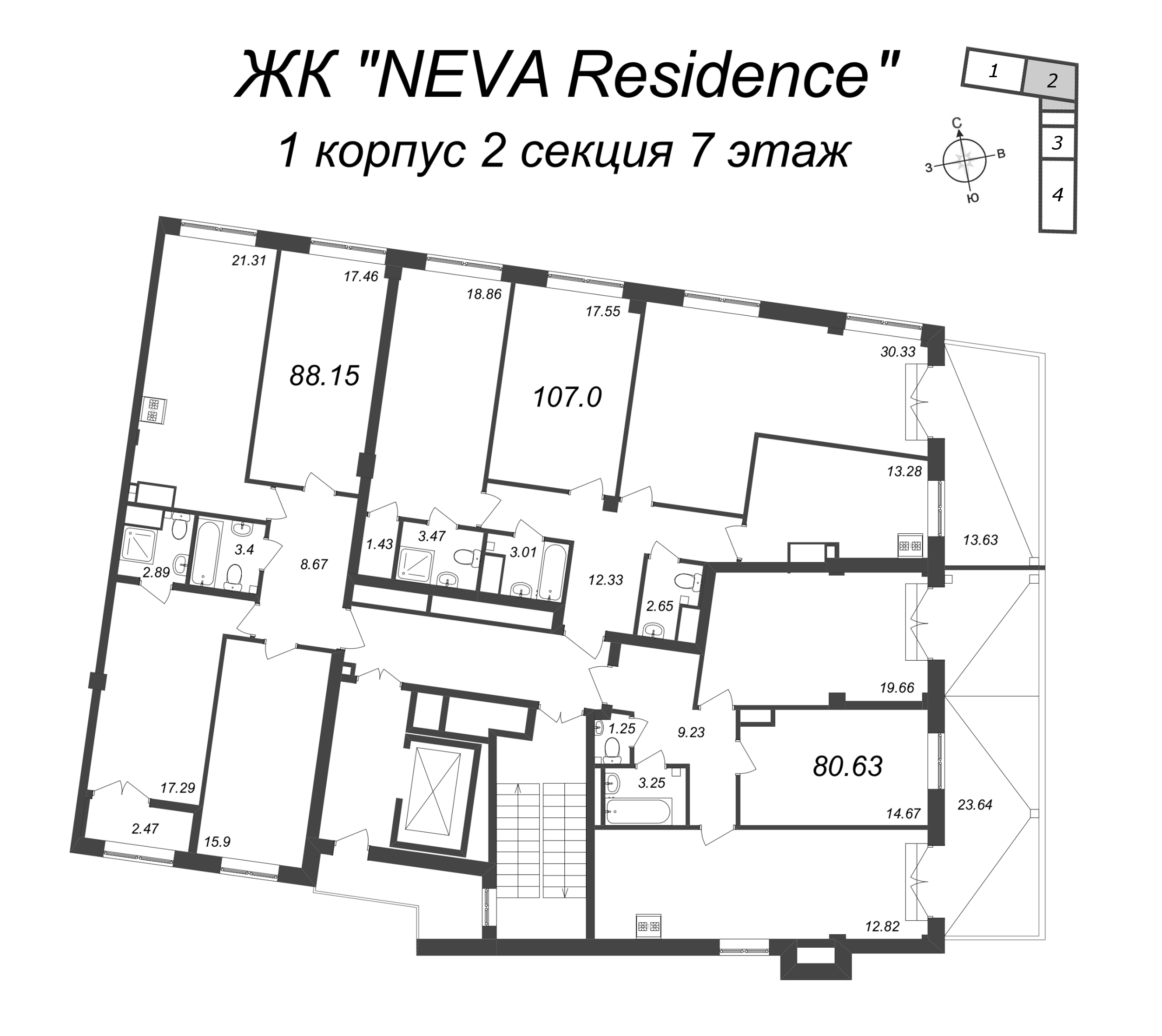 3-комнатная квартира, 107 м² в ЖК "Neva Residence" - планировка этажа