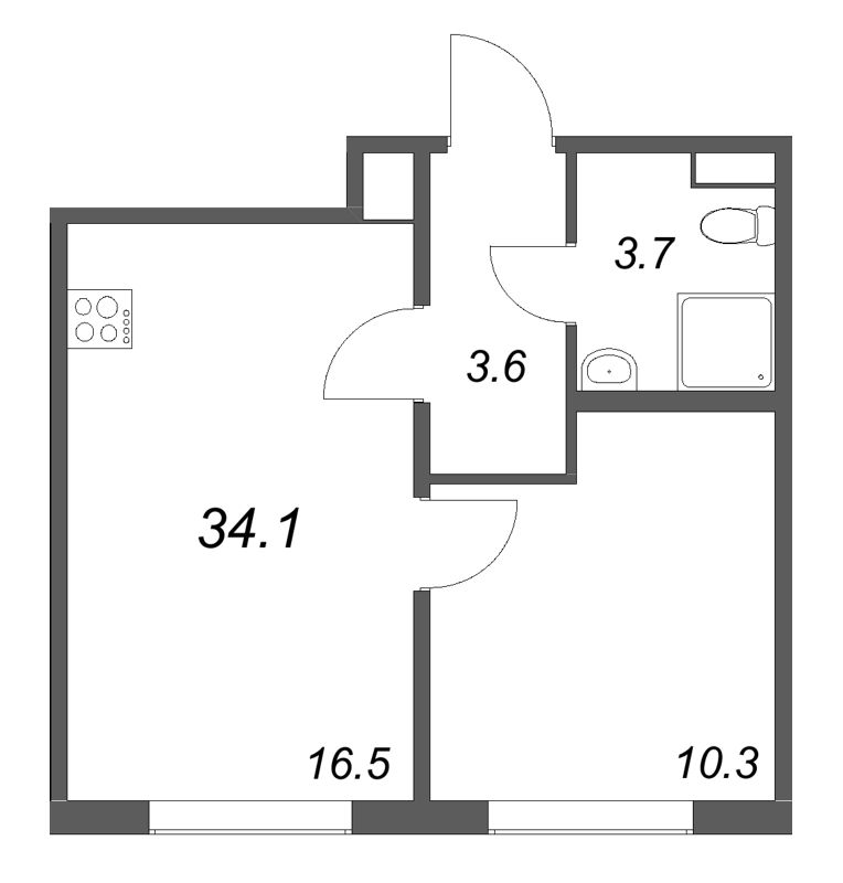 2-комнатная (Евро) квартира, 34.1 м² в ЖК "Пулково Lake" - планировка, фото №1